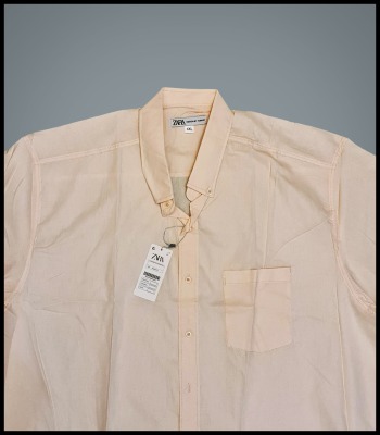 پیراهن سایز بزرگ مردانه لنین جیب دار رنگ کرم روشن